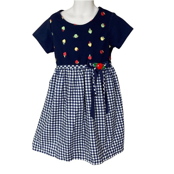 Rare Editions Short Sleeve Blue Gingham Apple Embroid Bodice Girls VTG Dress 6 - Picture 1 of 7